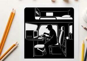 Silhouette of a man working on laptop inside a camper van