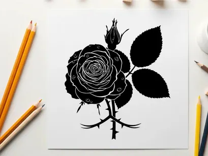 Silhouette of a detailed black rose with leaves and thorns