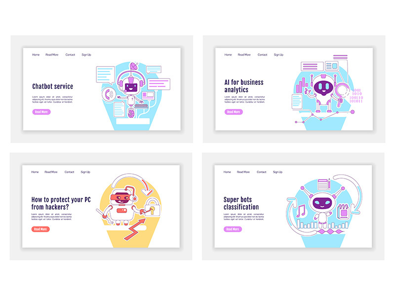 Bad and good bots landing page flat silhouette vector templates set