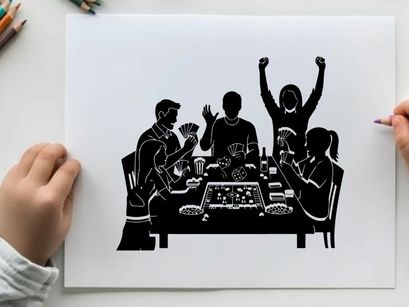Silhouette of people playing board game with excitement and joy