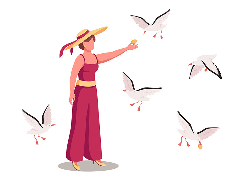 Lady surrounded by soaring seagulls flat color vector faceless character