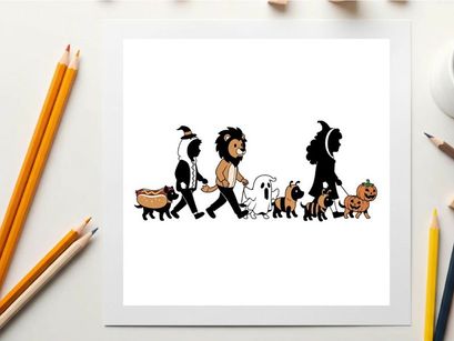Silhouette of people walking with various dogs in a line