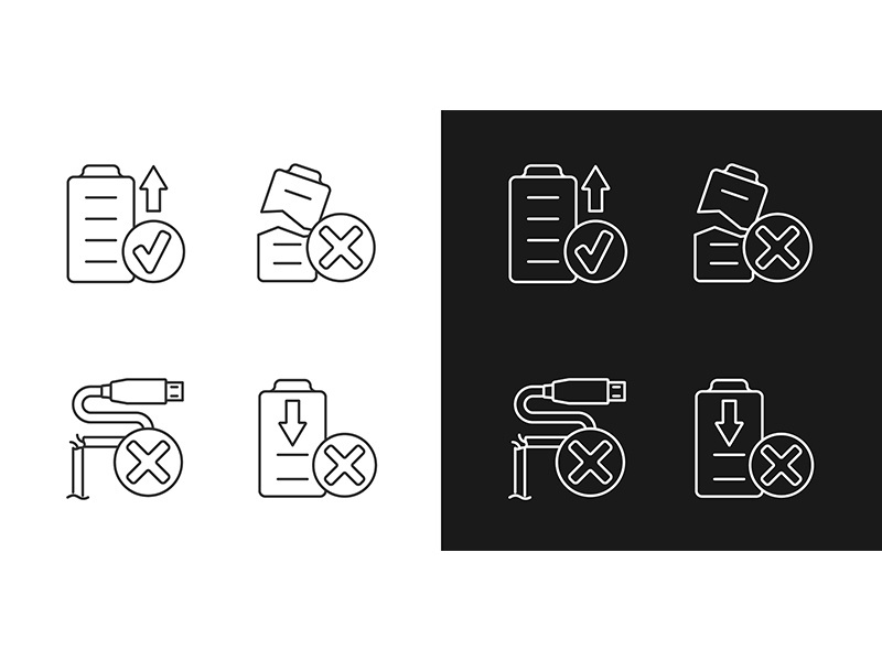 Drone performance linear manual label icons set for dark and light mode