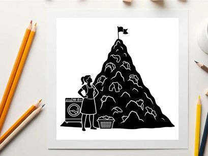 Silhouette of woman standing beside enormous pile of laundry