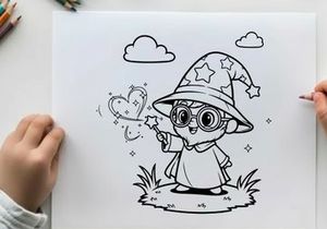 Cute wizard boy with magic wand casting spell vector illustration