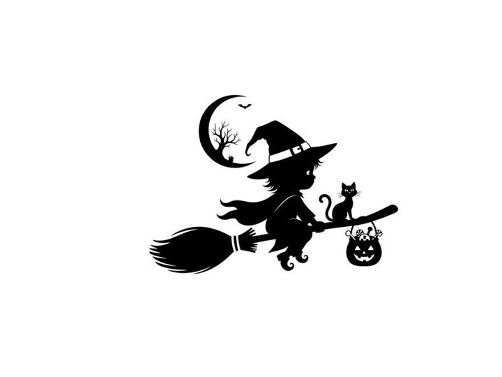 Silhouette of a witch flying on a broomstick with cat and jack o lantern