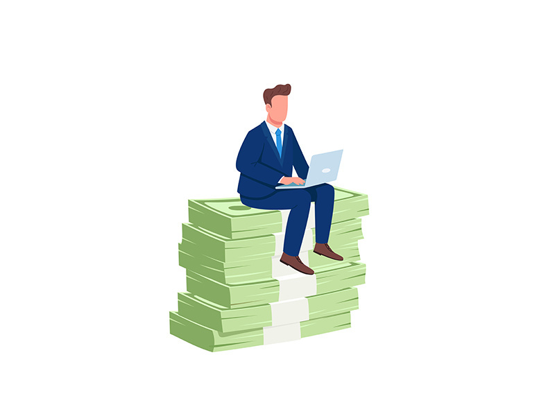 Investor sitting on pile of money flat concept vector illustration