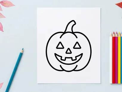 Hand-drawn Halloween jack-o-lantern smiling face illustration. Classic pumpkin with carved eyes and mouth for festive decorations.