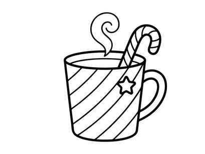Hand-drawn Christmas mug with candy cane and steam for festive holiday celebrations