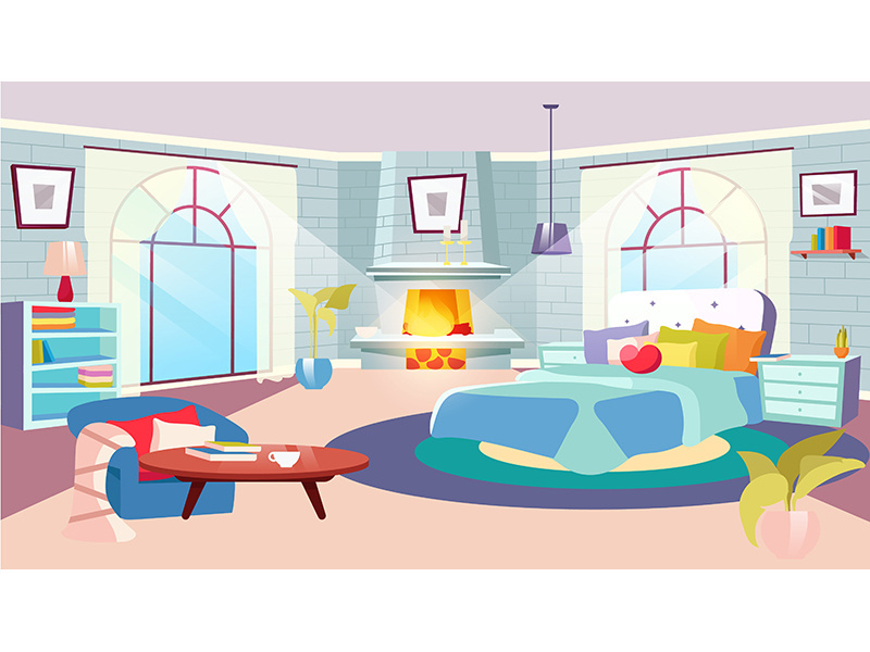 Bedroom interior at daytime flat vector illustration