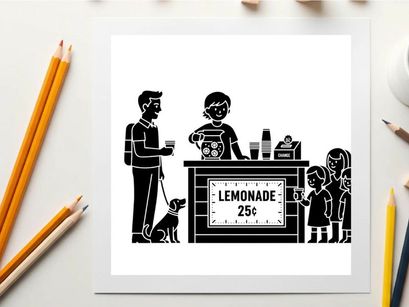 Silhouette of a man and kids buying lemonade from a boy
