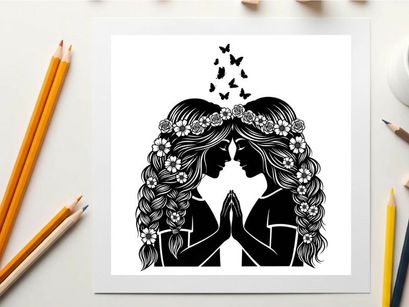 Silhouette of two women with floral crowns and butterflies