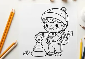 Cute boy playing with toy blocks vector illustration