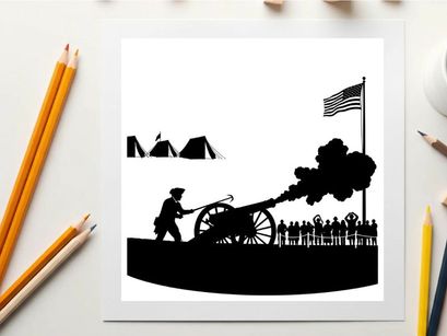American civil war silhouette of soldier firing cannon with flag and tents