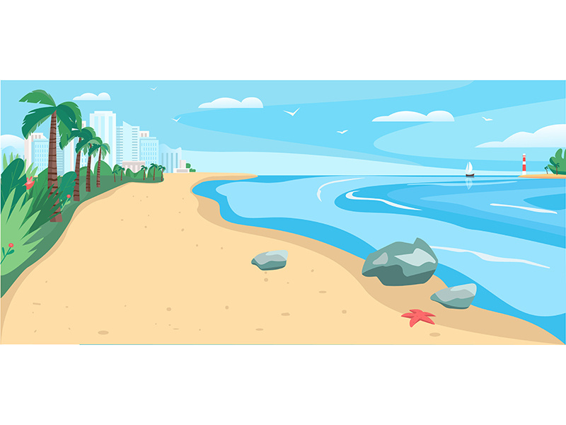 Sandy beach and sea flat color vector illustration