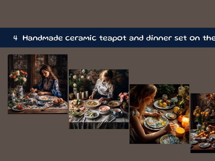 Handmade ceramic teapot and dinner set on the table