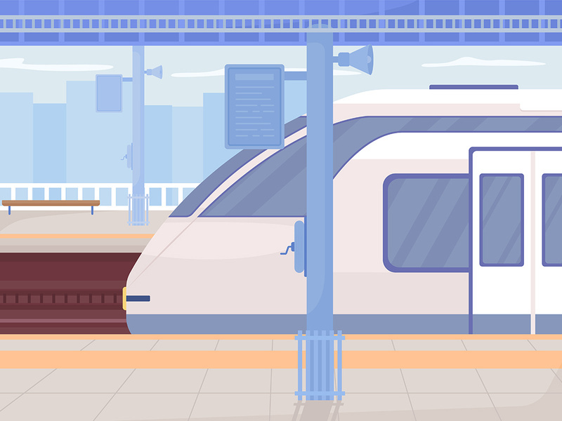 Train station platform flat color vector illustration