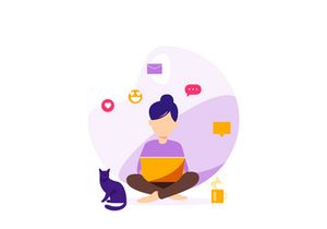 A girl with cat work at home