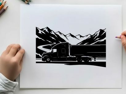 Truck silhouette driving through mountains