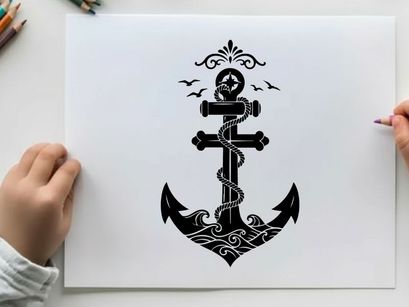 Nautical anchor silhouette with birds and ornate details