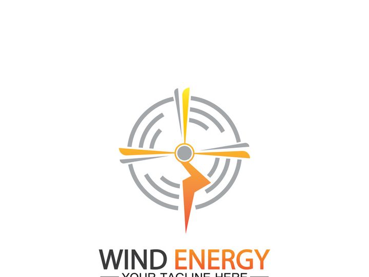 Wind energy logo. renewable energy icon with wind turbines and thunder bolt isolated on white background