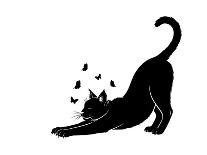 Black cat silhouette stretching towards butterflies on white background silhouette
