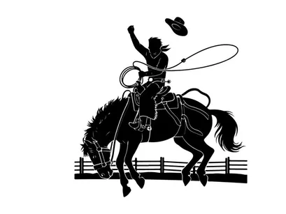 Cowboy riding horse silhouette with lasso and hat
