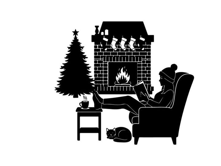 Cozy silhouette of person by christmas tree and fireplace