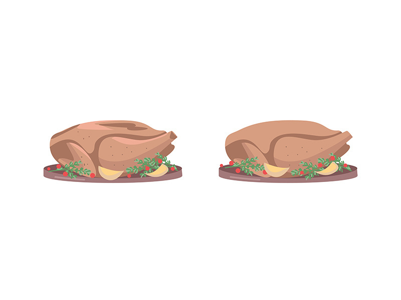 Roasted turkey flat color vector object set