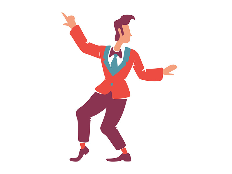 Handsome guy in red blazer with hand up flat color vector faceless character