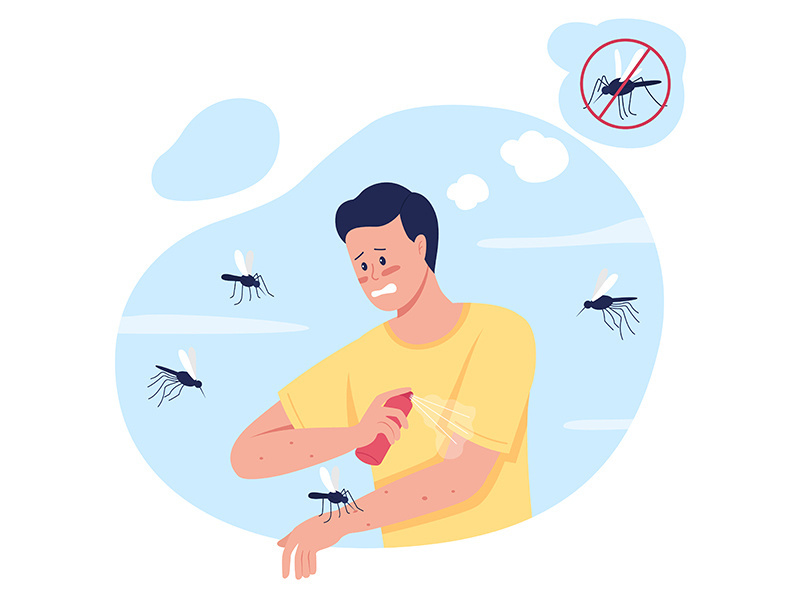 Keeping mosquitoes away while summer camping 2D vector isolated illustration