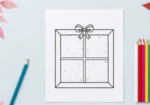 Christmas window line art illustration with festive snowflakes and pine branches