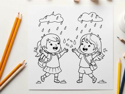 Two happy schoolgirls jumping vector illustration flat design