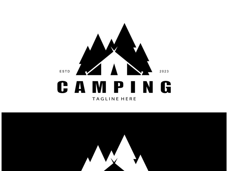 vintage and retro tent logo, camping. With tent, tree and bonfire sign. adventurers, scouts, climbers, camping equipment center