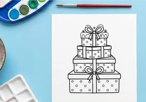 Pilha de caixas de presentes de Natal com fitas, design de página para colorir em arte linear preto e branco.
