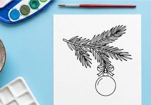 Cabang pohon Natal dengan hiasan gantung, ilustrasi seni garis meriah buatan tangan.