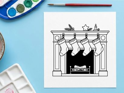 Line art illustration of a fireplace with Christmas stockings