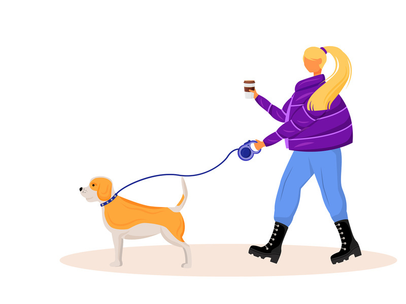 Woman walking dog flat color vector faceless character