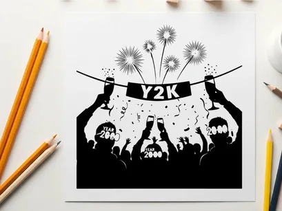 Y2k celebration silhouette with fireworks and confetti