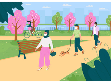 Walk in spring park during quarantine flat color vector illustration preview picture