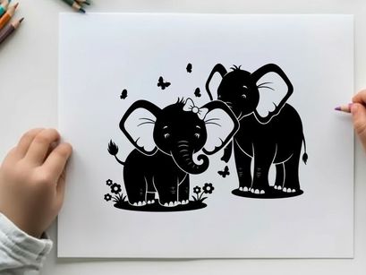 Silhouette of two cute elephants with butterflies and flowers