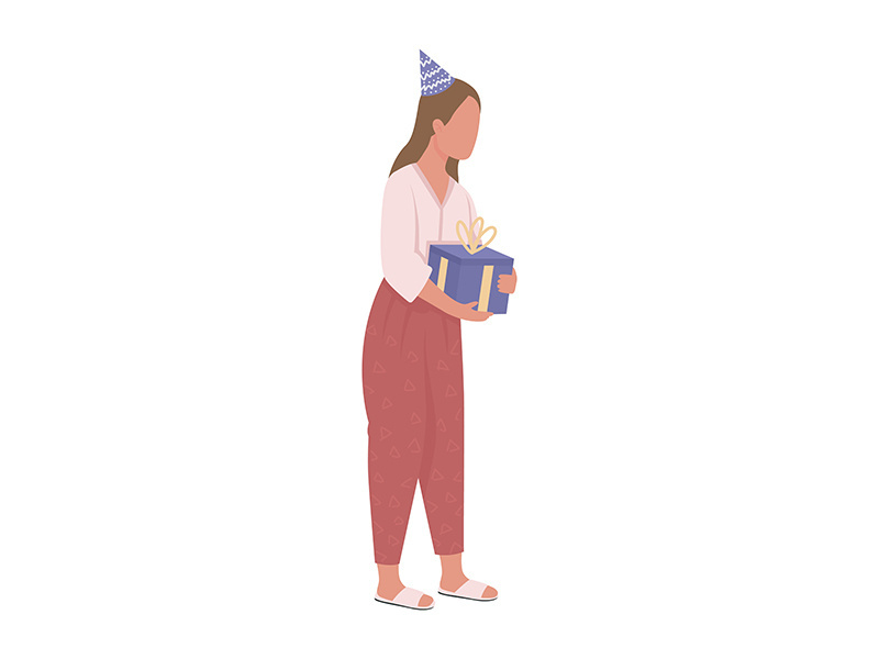 Young woman with birthday gift semi flat color vector character