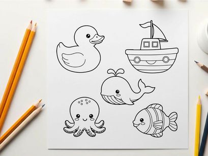 Cute sea animals and ship flat design vector illustration