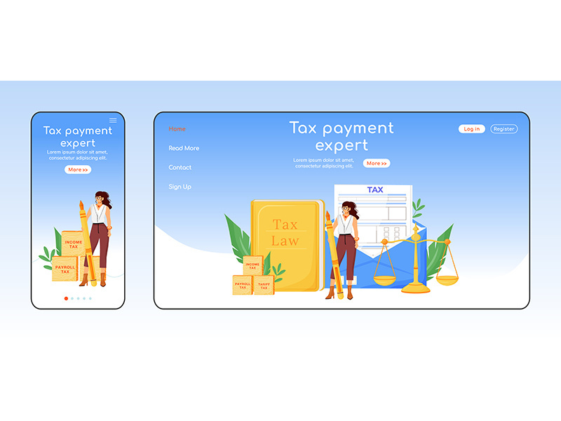 Tax payment expert adaptive landing page flat color vector template