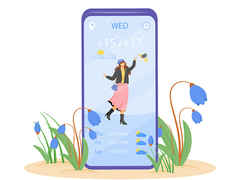 Spring weather forecast cartoon smartphone vector app screen
