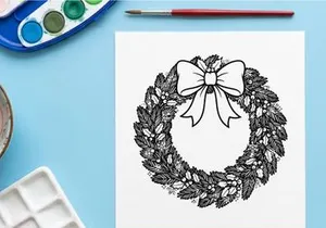 Christmas wreath with bow line art illustration for holiday coloring page design