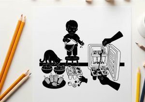 Silhouette of a child and dog near food and refrigerator
