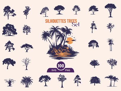 Silhouettes Trees Set, Pine Tree fir pruce cedar white patch alder elm birch ash cypress beech palm tree.