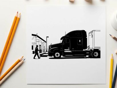 Silhouette of a semi truck parked beside a building with a pedestrian