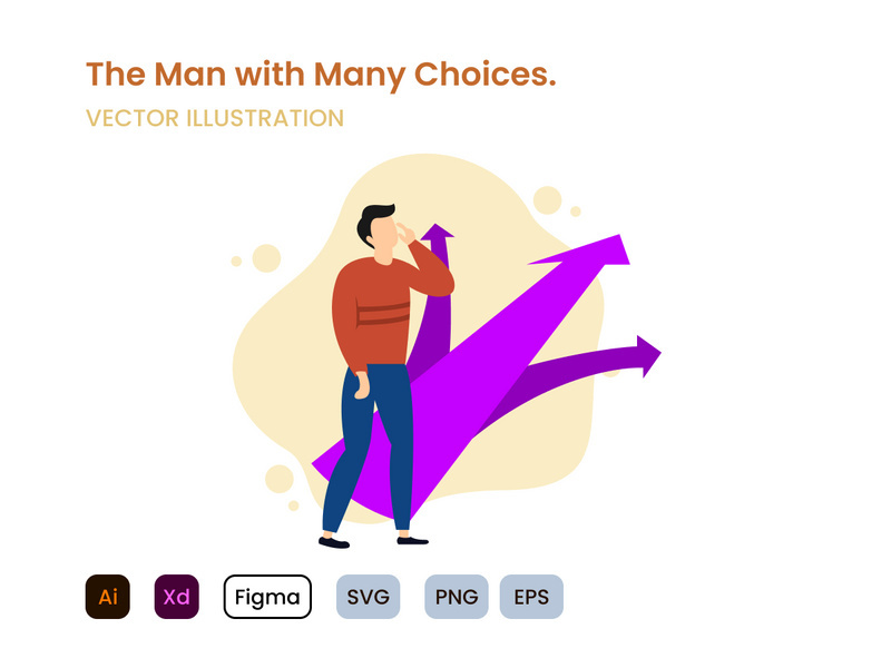 The man stands front of many choices flat design concept.